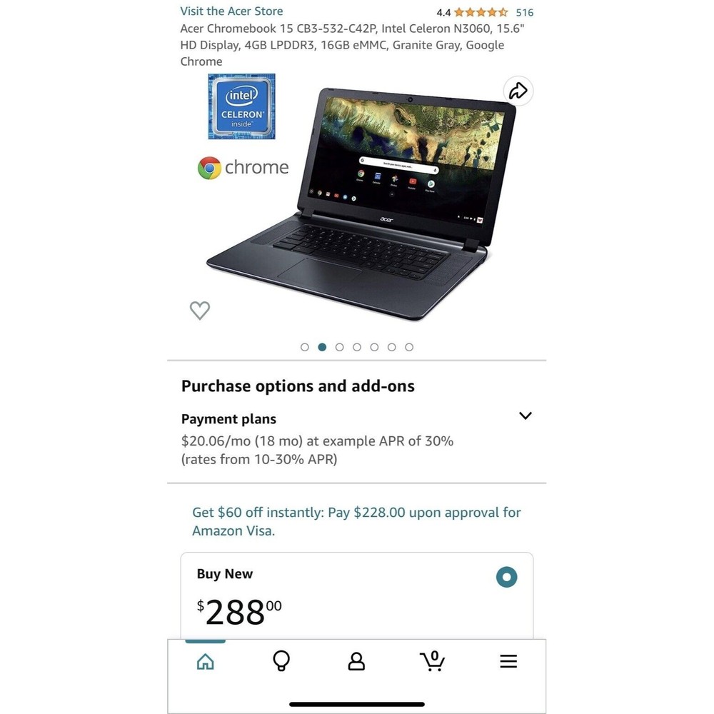 Acer Chromebook 15.6'' Laptop Intel CPU 1.60 GHz, 2GB RAM, 16GB SSD CB3-532-C47C - Picture 2 of 7